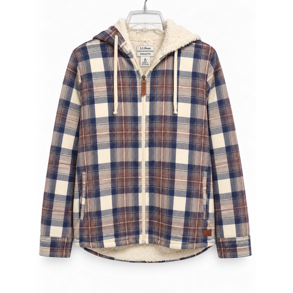 LL Bean Women's Medium Sherpa Lined Plaid Hooded Flannel Shirt Jacket Blue Brown
